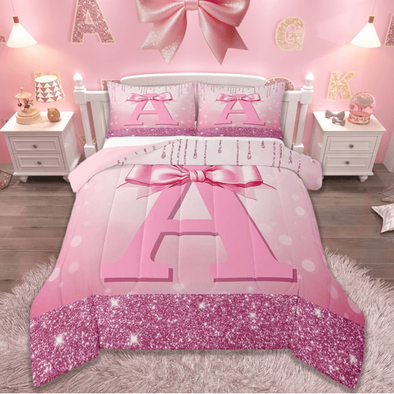 jejeloiu Monogrammed A Bedding Comforter Set,Cute Girls Bowtie Twin Comforter Sets,Pink Glitter Print Bedding Set For Child,Microfiber Room Decorative Reversible,2pcs