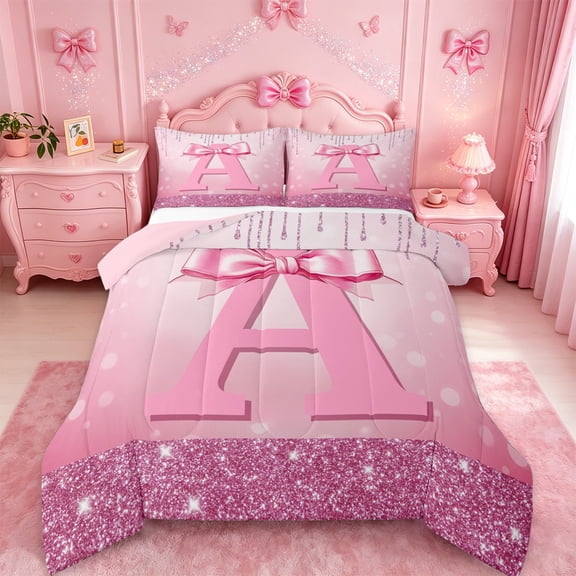 jejeloiu Monogrammed A Bedding Comforter Set,Cute Girls Bowtie Twin Comforter Sets,Pink Glitter Print Bedding Set For Child,Microfiber Room Decorative Reversible,2pcs
