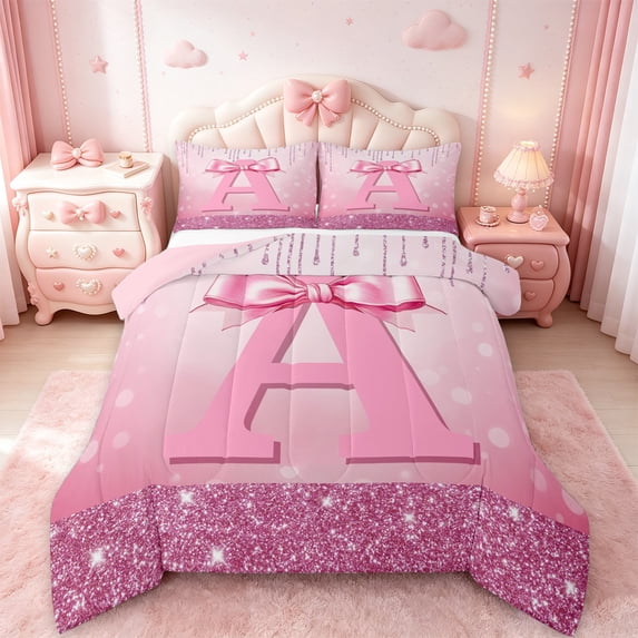 jejeloiu Monogrammed A Bedding Comforter Set,Cute Girls Bowtie Twin Comforter Sets,Pink Glitter Print Bedding Set For Child,Microfiber Room Decorative Reversible,2pcs