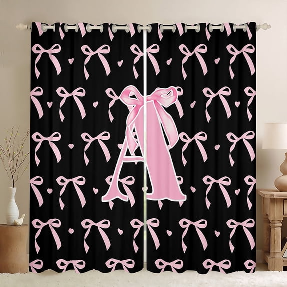 jejeloiu Monogrammed A Black Out Curtains,Cute Bow Bowtie Dinosaur Curtains Pack of 2 (42x63 Each),Pink Black Bedroom Curtains,Microfiber Room Decorative