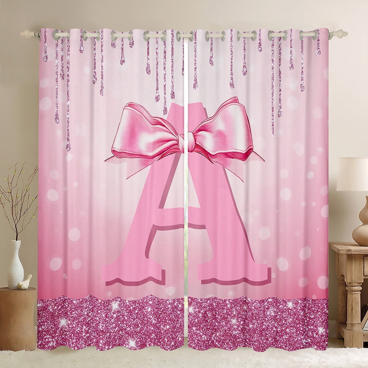 jejeloiu Monogrammed A Blackout Curtains Set of 2 (52x84 Each),Cute Girls Bowtie Window Curtains,Pink Glitter Print Curtains and Drapes For Child,Microfiber Room Decorative