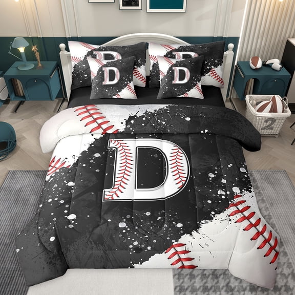 jejeloiu Monogrammed D 7-Piece Bedding Comforter Set,Baseball Lover King Bedding Sets,Ball Sport Games Bed Sheets For Teens,Ultra Soft Bedroom Decor Reversible