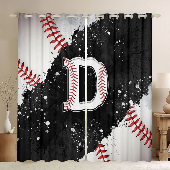 jejeloiu Monogrammed D Curtains Pack of 2 (42x84 Each),Baseball Lover Curtains Blackout,Ball Sport Games Bedroom Curtains For Teens,Ultra Soft Bedroom Decor