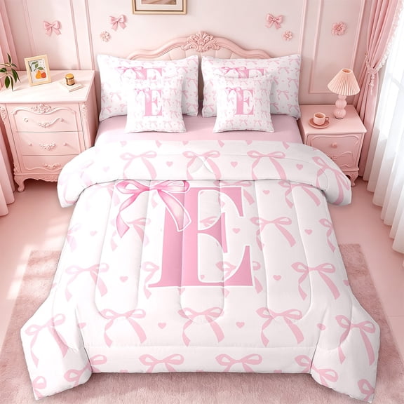 jejeloiu Monogrammed E Bedding Comforter Set,7-Piece,Cute Bow Bowtie Dinosaur King Bedding Sets,Pink White Bed Sheets,Microfiber Room Decorative Reversible