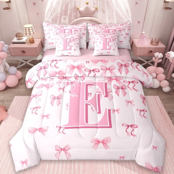 jejeloiu Monogrammed E Bedding Comforter Set 7pcs,Cute Bowknot Bowtie Queen Bedding Sets,Light Pink Queen Sheet Sets,Microfiber Room Decorative Reversible