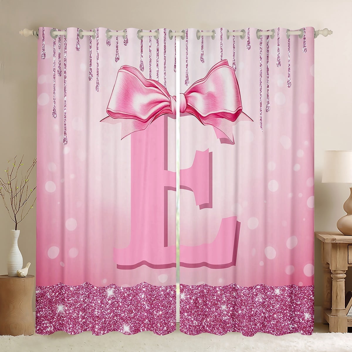 jejeloiu Monogrammed E Curtains Pack of 2 (42x84 Each),Cute Girls Bowtie Curtains Blackout,Pink Glitter Print Bedroom Curtains For Child,Microfiber Room Decorative
