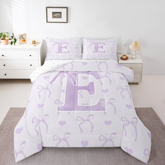 jejeloiu Monogrammed E King Size Comforter Sets,Cute Bowknot Bowtie Bedding Comforter Set,Light Purple White Bedding Set,Microfiber Room Decorative Reversible,3 Pieces