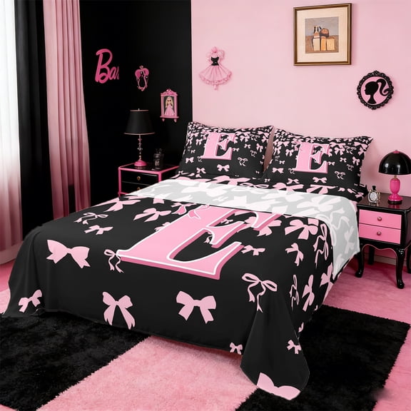jejeloiu Monogrammed E Twin Sheet Sets,Cute Bowknot Bowtie Twin Fitted Sheet,Light Pink Black Flat Sheet,Microfiber Room Decorative,3pcs