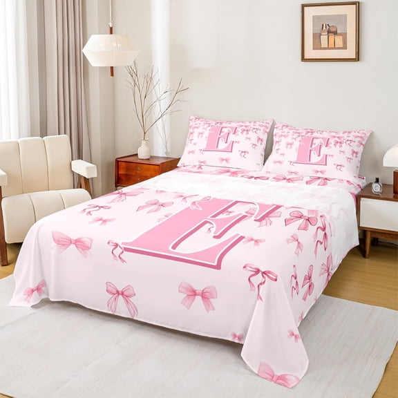 jejeloiu Monogrammed E Twin Sheet Sets,Cute Bowknot Bowtie Twin Fitted Sheet,Light Pink Flat Sheet,Microfiber Room Decorative,3-Piece