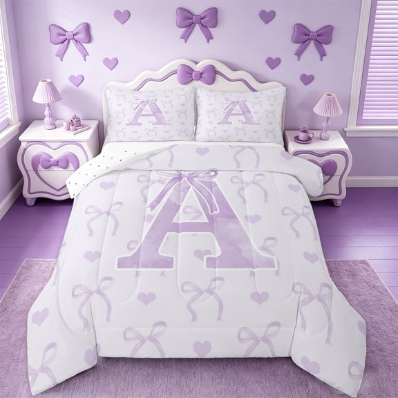 jejeloiu Monogrammed A Full Size Comforter Sets,Cute Bowknot Bowtie Bedding Comforter Set,Light Purple White Bedding Sets,Microfiber Room Decorative Reversible,3 Pieces