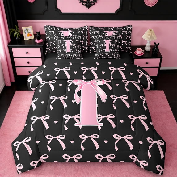 jejeloiu Monogrammed I Twin Bedding Sets,7-Piece,Cute Bow Bowtie Bedding Comforter Set,Pink Black Sheet Sets,Microfiber Room Decorative Reversible