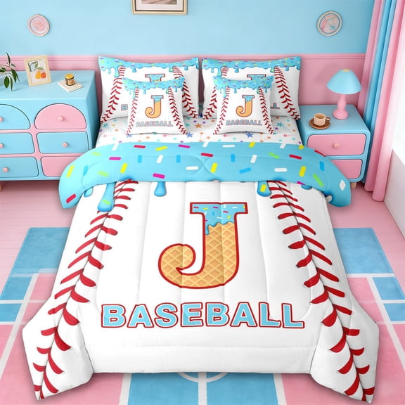 jejeloiu Monogrammed J Letter 7-Piece Twin Bedding Sets,Baseball Theme Bedding Comforter Set For Boys Girls Reversible
