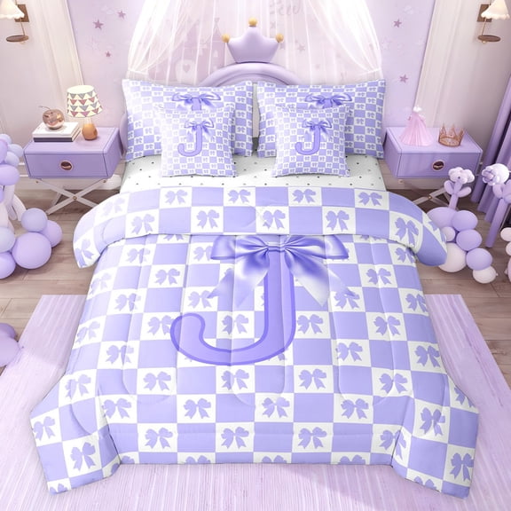 jejeloiu Monogrammed J Letter 7-Piece Twin Bedding Sets,Purple Cute Bows Bedding Comforter Set For Bowknot Girl Reversible