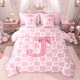 thumbnail image 1 of jejeloiu Monogrammed J Letter 7 Pieces Bedding Comforter Set,Pink Bowknot Plaid Full Bedding Set For Bow Girl Reversible, 1 of 8