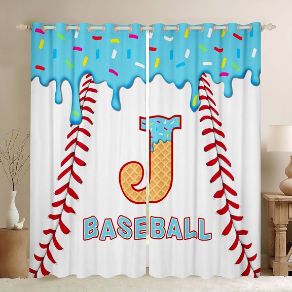 jejeloiu Monogrammed J Letter Curtains Pack of 2 (42x84 Each),Baseball Theme Curtains Blackout For Boys Girls