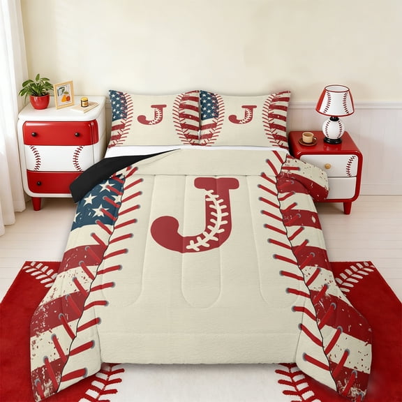 jejeloiu Monogrammed J Letter Queen Comforter Set,Cartoon Baseball Print Bedding Comforter Set For Boys Men Reversible 3pcs