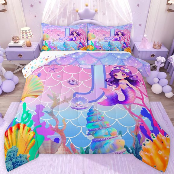 jejeloiu Monogrammed J Letter Queen Comforter Set,Cartoon Mermaid Princess Bedding Comforter Set For Teens Girl Reversible 3pcs