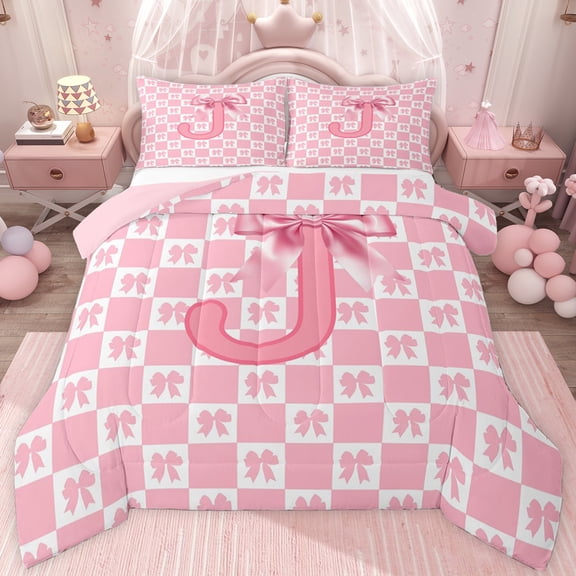 jejeloiu Monogrammed J Letter Queen Comforter Set,Pink Bowknot Plaid Bedding Comforter Set For Bow Girl Reversible 3 Pieces