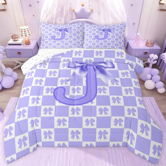 jejeloiu Monogrammed J Letter Queen Comforter Set,Purple Cute Bows Bedding Comforter Set For Bowknot Girl Reversible 3pcs