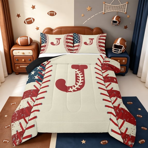 jejeloiu Monogrammed J Letter Twin Comforter Sets,Cartoon Baseball Print Bedding Set For Boys Men Reversible 2-Piece