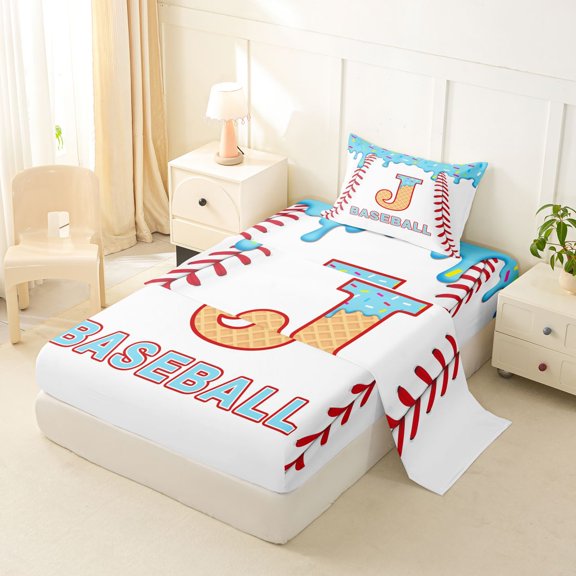 jejeloiu Monogrammed J Letter Twin Sheet Sets,Baseball Theme Bedding For Boys Girls 3 Pieces