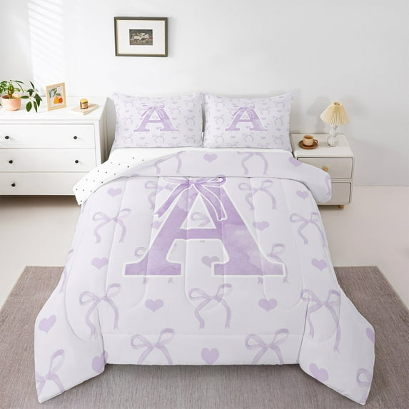 jejeloiu Monogrammed A King Size Comforter Sets,Cute Bowknot Bowtie Bedding Comforter Set,Light Purple White Bedding Set,Microfiber Room Decorative Reversible,3-Piece