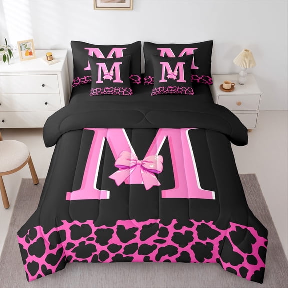 jejeloiu Monogrammed M Bedding Comforter Set 7 Pieces,Cute Bowtie Bow Full Bedding Set,Pink Leopard Pattern Fitted Sheet Flat Sheet For Child,Microfiber Room Decorative Reversible