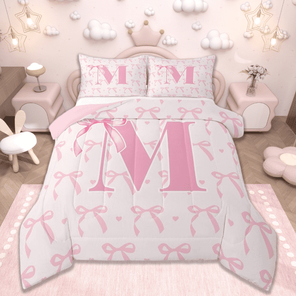 jejeloiu Monogrammed M Bedding Comforter Set,Cute Bow Bowtie Dinosaur Twin Comforter Sets,Pink White Bedding Set,Microfiber Room Decorative Reversible,3 Pieces