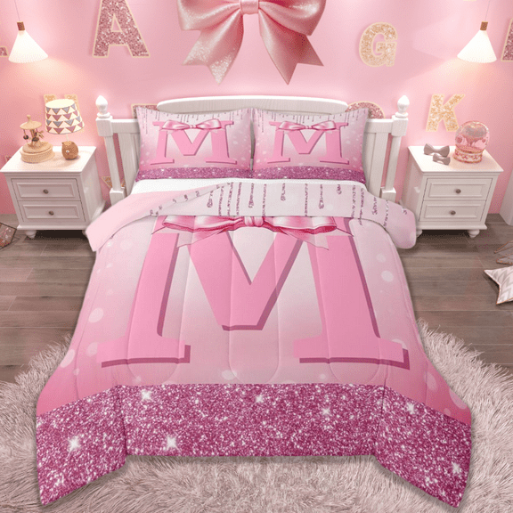 jejeloiu Monogrammed M Bedding Comforter Set,Cute Girls Bowtie Twin Comforter Sets,Pink Glitter Print Bedding Set For Child,Microfiber Room Decorative Reversible,2pcs