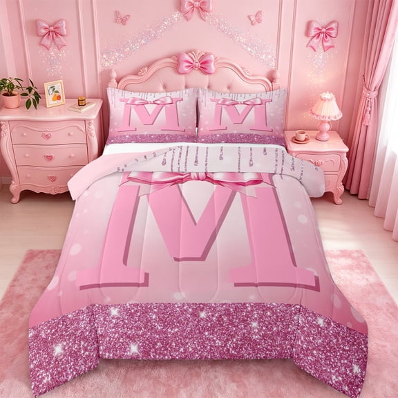 jejeloiu Monogrammed M Bedding Comforter Set,Cute Girls Bowtie Twin Comforter Sets,Pink Glitter Print Bedding Set For Child,Microfiber Room Decorative Reversible,2pcs