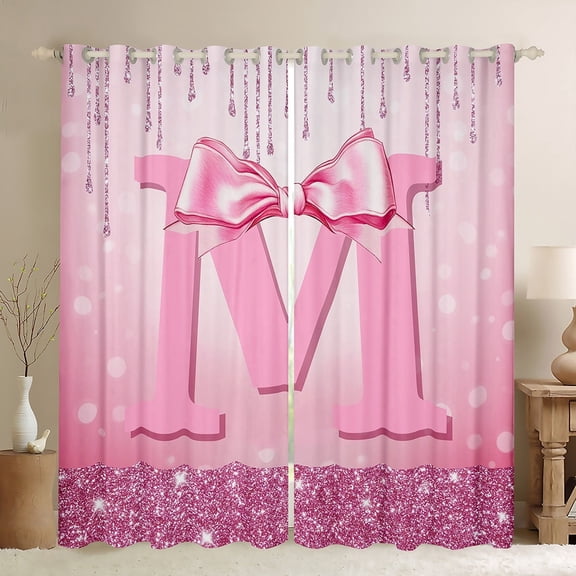 jejeloiu Monogrammed M Black Out Curtains,Cute Girls Bowtie Curtains Pack of 2 (42x63 Each),Pink Glitter Print Bedroom Curtains For Child,Microfiber Room Decorative