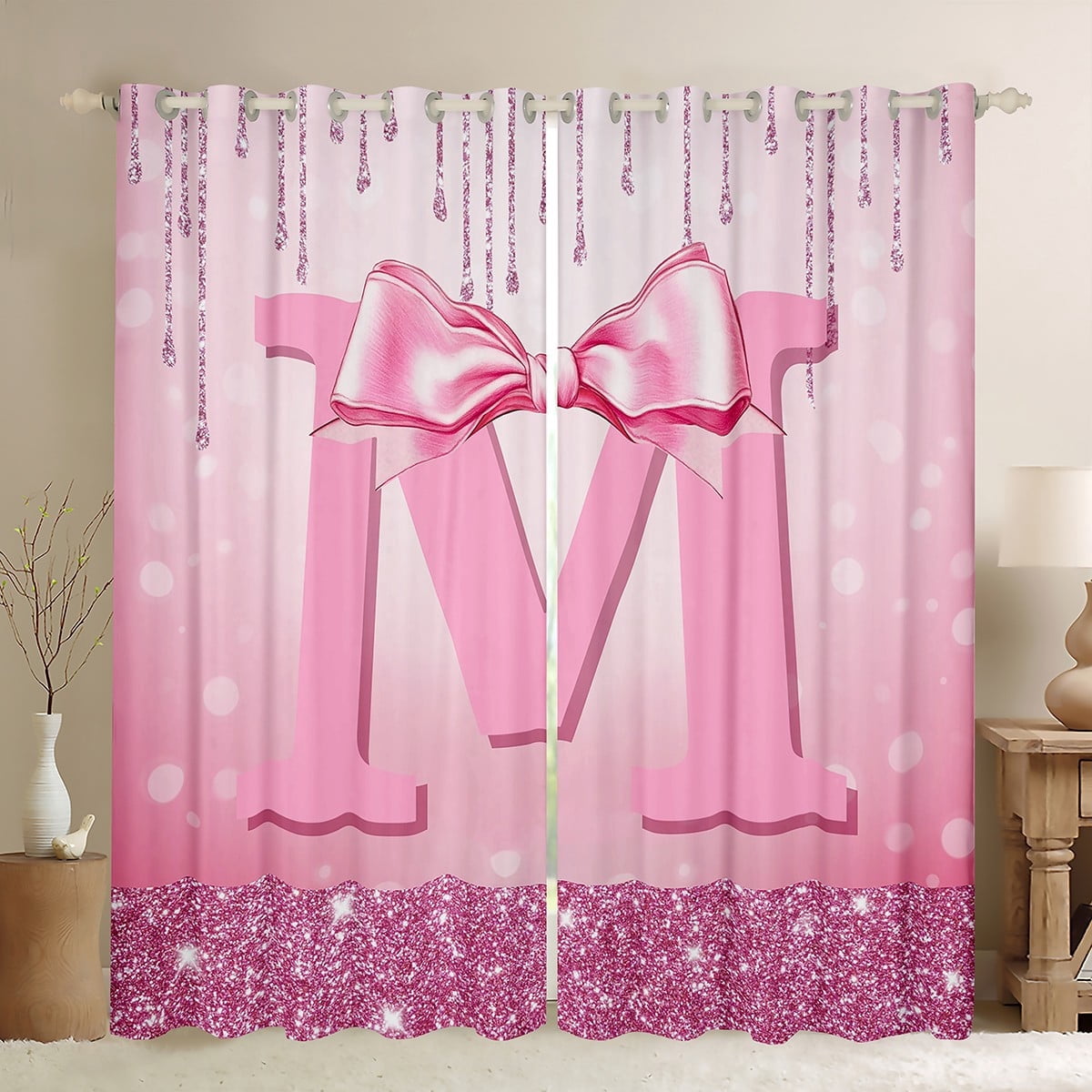 jejeloiu Monogrammed M Blackout Curtains Set of 2 (52x84 Each),Cute Girls Bowtie Window Curtains,Pink Glitter Print Curtains and Drapes For Child,Microfiber Room Decorative
