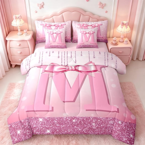 jejeloiu Monogrammed M Twin Bedding Sets 7-Piece,Cute Girls Bowtie Bedding Comforter Set,Pink Glitter Print Sheet Sets For Child,Microfiber Room Decorative Reversible