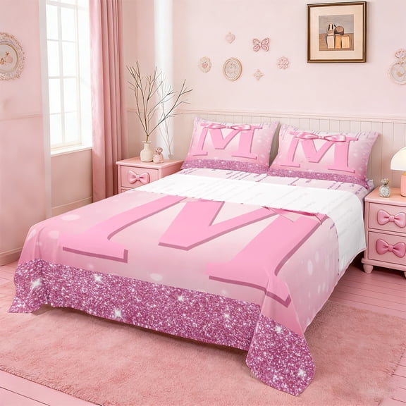 jejeloiu Monogrammed M Twin Sheet Sets,Cute Girls Bowtie Twin Fitted Sheet,Pink Glitter Print Flat Sheet For Child,Microfiber Room Decorative,3pcs