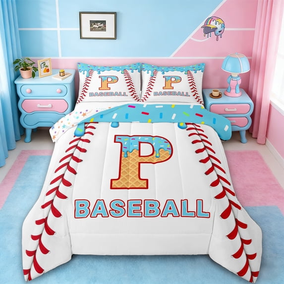 jejeloiu Monogrammed P Full Size Comforter Sets,Blue Ice Cream Bedding Sets For Baseball Lovers Reversible 3-Piece