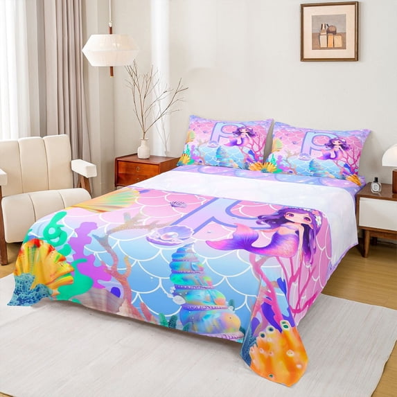 jejeloiu Monogrammed P Full Size Sheets,Ocean Life Mermaid Bed Sheets For Girls Teens 4pcs