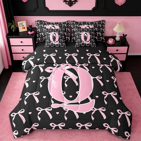 jejeloiu Monogrammed Q Bedding Comforter Set,7-Piece,Cute Bow Bowtie King Bedding Sets,Pink Black Bed Sheets,Microfiber Room Decorative Reversible