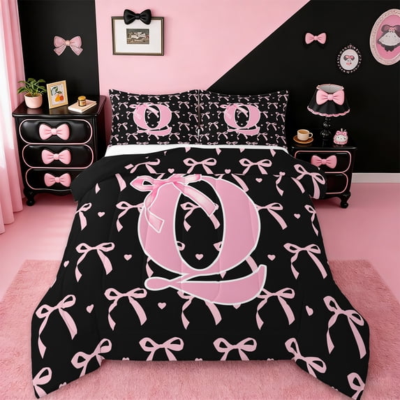 jejeloiu Monogrammed Q Queen Comforter Set,Cute Bow Bowtie Bedding Sets,Pink Black Bedding Comforter Set,Microfiber Room Decorative Reversible,3-Piece