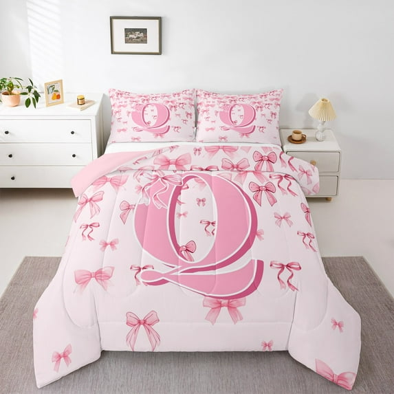 jejeloiu Monogrammed Q Queen Comforter Set,Cute Bowknot Bowtie Bedding Sets,Light Pink Bedding Comforter Set,Microfiber Room Decorative Reversible,3pcs
