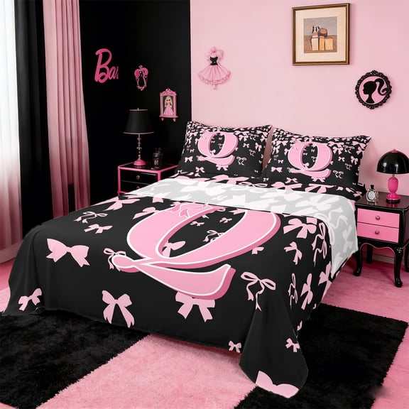 jejeloiu Monogrammed Q Queen Sheet Set (4-Piece) Bowknot Light Pink Black Microfiber Decor