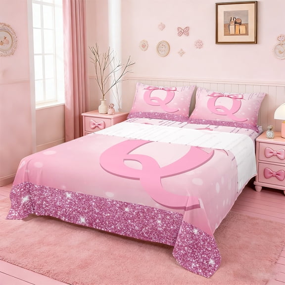 jejeloiu Monogrammed Q Twin Sheet Sets,Cute Girls Bowtie Twin Fitted Sheet,Pink Glitter Print Flat Sheet For Child,Microfiber Room Decorative,3-Piece
