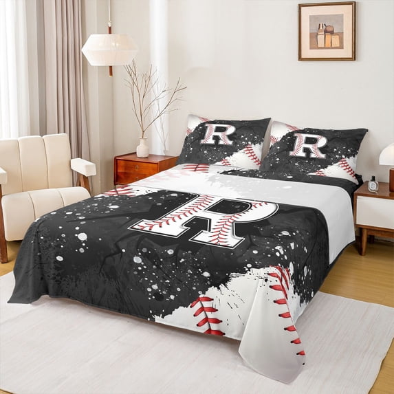 jejeloiu Monogrammed R Queen Sheet Sets,Baseball Lover Flat Sheet,Ball Sport Games Queen Fitted Sheet For Teens,Ultra Soft Bedroom Decor,4pcs