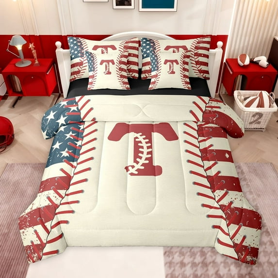 jejeloiu Monogrammed T Letter 7 Pieces Bedding Comforter Set,Cartoon Baseball Print Full Bedding Set For Boys Men Reversible