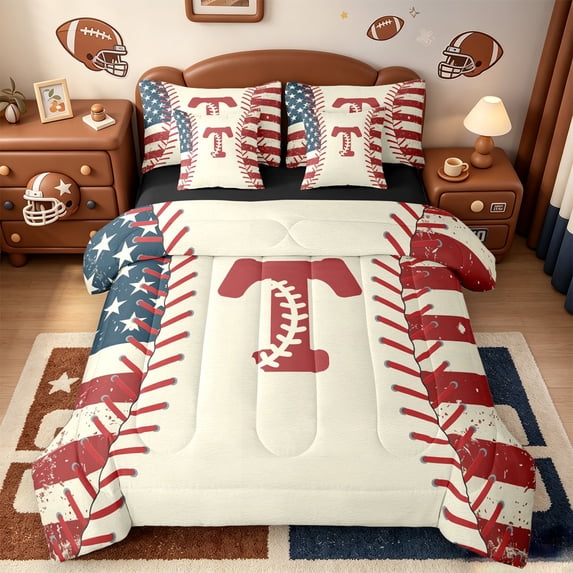 jejeloiu Monogrammed T Letter 7 Pieces Bedding Comforter Set,Cartoon Baseball Print Full Bedding Set For Boys Men Reversible