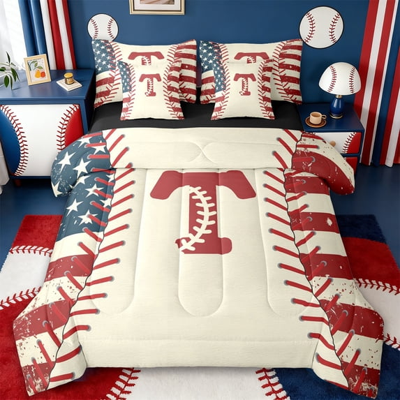 jejeloiu Monogrammed T Letter 7 Pieces Bedding Comforter Set,Cartoon Baseball Print Full Bedding Set For Boys Men Reversible