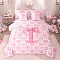 thumbnail image 1 of jejeloiu Monogrammed T Letter 7 Pieces Bedding Comforter Set,Pink Bowknot Plaid Full Bedding Set For Bow Girl Reversible, 1 of 8