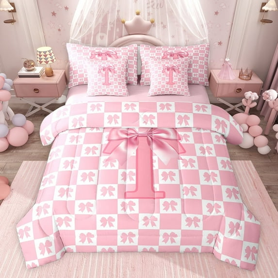 jejeloiu Monogrammed T Letter 7 Pieces Bedding Comforter Set,Pink Bowknot Plaid Full Bedding Set For Bow Girl Reversible