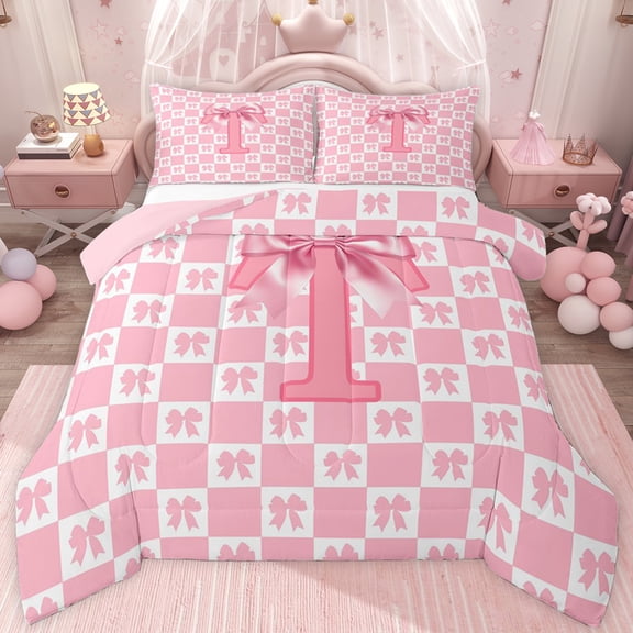 jejeloiu Monogrammed T Letter Queen Comforter Set,Pink Bowknot Plaid Bedding Comforter Set For Bow Girl Reversible 3pcs