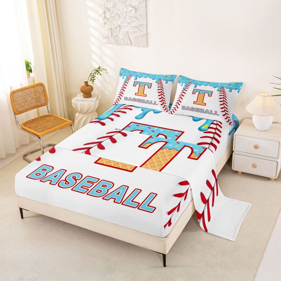 jejeloiu Monogrammed T Letter Queen Sheet Sets,Baseball Theme Bed Set For Boys Girls 4 Pieces