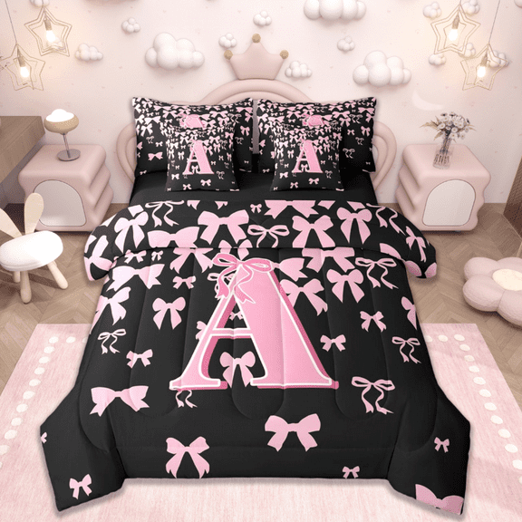 jejeloiu Monogrammed A Twin Bedding Sets 7-Piece,Cute Bowknot Bowtie Bedding Comforter Set,Light Pink Black Sets,Microfiber Room Decorative Reversible